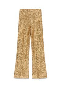 Goldene Pailletten-Flared-Hose mit hoher Taille. Der Stoff hat eine strukturierte, schimmernde Oberfläche, die das Licht effektiv einfängt.