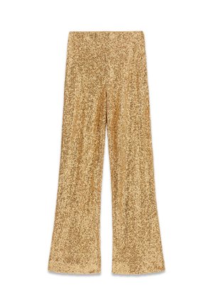 Goudkleurige flared broek met pailletten en een hoge taille. De stof heeft een gestructureerd, glinsterend oppervlak dat het licht effectief vangt.