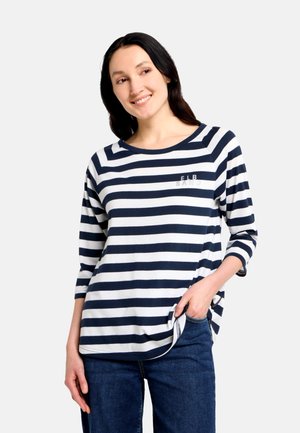 Navy and white striped long-sleeve shirt with a rounded neckline and side slit, featuring a small printed logo on the chest.