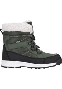 Wasserdichter olivgrüner Winterstiefel mit Kunstfellkragen, schwarzer Gummisohle, detaillierten Nähten und Schnürverschluss.