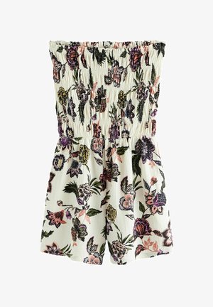 Kwiatowy kombinezon, lekka tkanina, jasnoszare podłoże, marszczony top, wielokolorowe wzory kwiatowe w odcieniach różu, fioletu i zieleni. Krótkie spodenki.