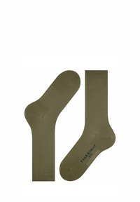 Chaussettes vert olive en matériau lisse, avec un bord côtelé et un orteil renforcé, portant l'impression "FALKE Cool" sur le côté.