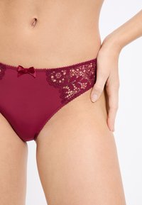 Lingerie color bordeaux con dettagli in pizzo, caratterizzata da un piccolo fiocco di raso sul davanti, texture liscia e design classico a slip.