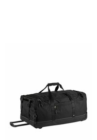 Borsa duffel nera con ruote, dotata di diversi scomparti con zip e due maniglie per il trasporto, presentata su uno sfondo bianco.