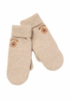 Beige knitted mittens with folded cuffs and small embroidered orange and red floral designs near the wrists.