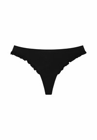 Czarny dół bikini z falbankami, o gładkiej fakturze i niskim stanie. Prosty i minimalistyczny styl.