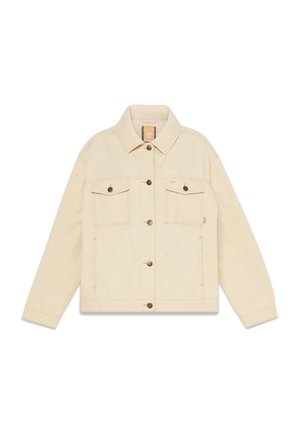 Chaqueta vaquera beige con mangas largas, dos bolsillos en el pecho, botones de cobre y diseño de cuello clásico. Textura plana y suave.