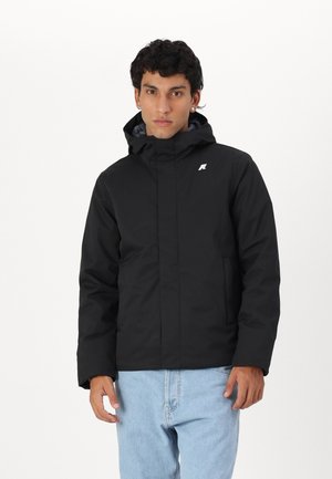 Black insulated jacket with a hood, featuring a zipper front, side pockets, and a small logo on the left chest. Smooth texture.