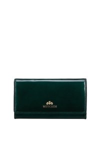 Portefeuille en cuir verni vert avec un design pliable, accent en logo doré et texture lisse. Présente des coutures le long des bords.