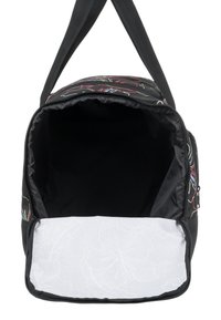 Black bag with colorful floral pattern, zipper closure, and a spacious interior featuring a white textured base. Adjustable straps included.
