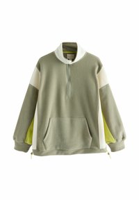 Zielony polarowy sweter z ćwierć zamkiem, białymi i neonowo-żółtymi akcentami na rękawach, kieszenią z przodu i elastycznymi mankietami. Miękka tekstura.