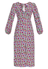 Sukienka w kwiaty z długimi bufkami, z wielokolorowym wzorem kwiatowym na jasnym tle, z dekoltem w łódkę i detalem ze sznurkiem.