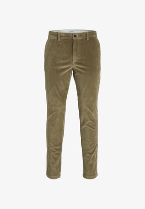 Olijfgroene corduroy broek met ribbelstructuur, tapered fit en standaard vijf-pocket ontwerp. Voorzien van een knoopsluiting en riemlussen.