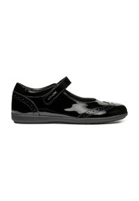 Black patent leather Mary Jane shoe with a round toe, perforated design, adjustable strap, and a soft rubber sole for comfort.
