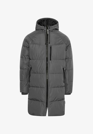 Šedá péřová bunda s kapucí, polstrovaný design, přední zipový uzávěr a boční zipové kapsy. Obsahuje černou podšívku a strukturovanou tkaninu.