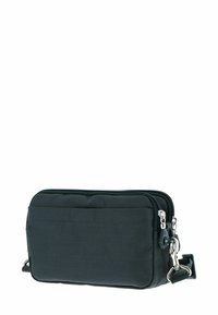 Borsa a tracolla nera in tessuto con due compartimenti con cerniera, superficie testurizzata, ferrature argentate e tracolla regolabile.