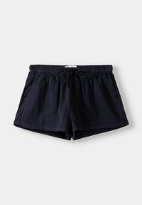 Tmavě námořnické modré šortky vyrobené z lehkého materiálu, s elastickým pasem, šňůrkou a bočními kapsami. Klasický, jednoduchý design.