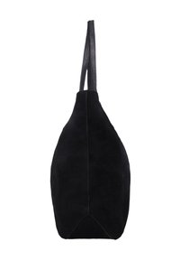 Hohe schwarze Wildleder-Shopper-Tasche mit zwei dünnen Leder-Schulterriemen, seitlich vor weißem Hintergrund abgebildet.