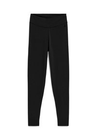 Svarta leggings gjorda av elastisk tyg, med en bred midja och slät yta, utformade för komfort och flexibilitet.