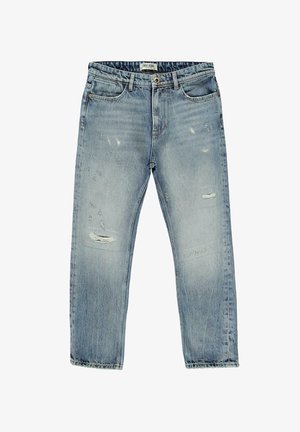 Lichtblauwe denim jeans met een relaxte pasvorm, voorzien van versleten details en rafelige zomen. Vijf-pocket ontwerp met een knoopsluiting.