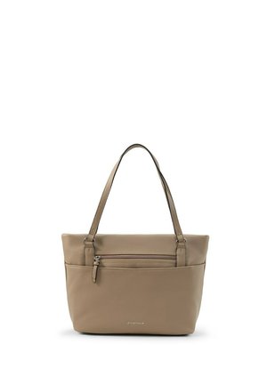 Borsa tote in pelle beige con due spallacci e una tasca esterna con zip, marchiata con un piccolo logo davanti.