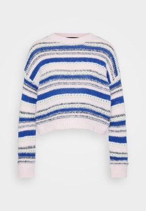 Gestreepte pullover in blauw, wit en grijs met een cropped ontwerp; heeft ribgebreide manchetten en zoom; gemaakt van zachte gebreide stof.