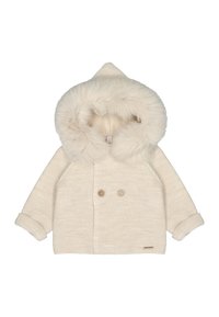 Chaqueta color crema con capucha esponjosa, cierre de botones doble y mangas remangadas. Tela texturizada con detalles de marca minimalistas.