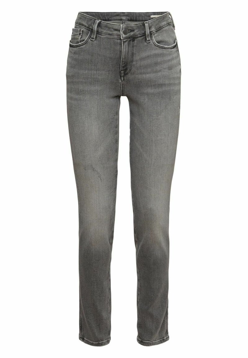 Graue Denim-Jeans im Slim-Fit mit fünf Taschen, Reißverschluss und Knopfverschluss. Besitzt dezente Ausbleichungen und eine weiche, leicht strukturierte Oberfläche.