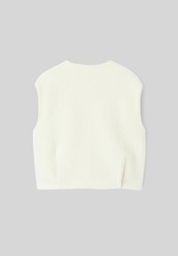 Gilet en laine blanc sans manches avec un col rond, présenté à plat sur un fond gris clair.