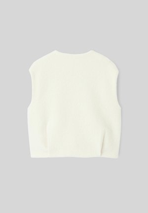 Gilet en laine blanc sans manches avec un col rond, présenté à plat sur un fond gris clair.