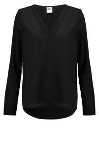 Zwarte blouse met lange mouwen en een diepe V-hals, gemaakt van zachte stof, rechte snit en een afgeronde zoom aan de achterkant. Minimalistisch ontwerp.