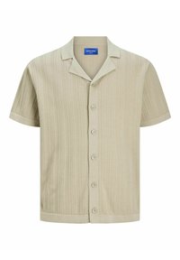 Beige kortärmad stickad skjorta med strukturerat mönster, knappstängning framtill, camp-krage och blå märkestag inuti kragen.