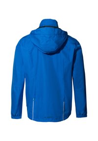 Blaue Outdoorjacke mit Kapuze, elastischen Bündchen, seitlichen Taschen und einer glatten, wasserdichten Textur. Logo befindet sich am unteren Ende.