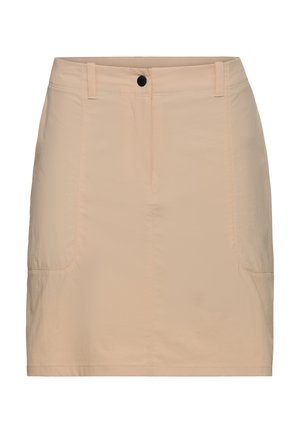 Beige katoenen rok met een rechte snit, voorzien van twee zijzakken, een sluiting met knopen aan de voorkant en subtiele stikdetails.