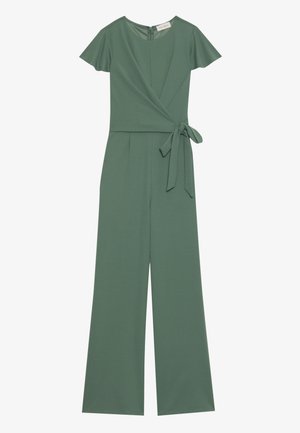 Grüner Jumpsuit mit kurzen, schwingenden Ärmeln, einem Wickel-Design an der Vorderseite, Bindeband in der Taille, weitem Bein Schnitt und glatter Stoffstruktur.
