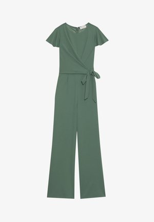 Grüner Jumpsuit mit kurzen, schwingenden Ärmeln, einem Wickel-Design an der Vorderseite, Bindeband in der Taille, weitem Bein Schnitt und glatter Stoffstruktur.