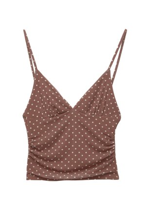 Brun polka dot camisole top dengan tali tipis yang dapat disesuaikan, menampilkan leher V yang dalam dan tekstur berkerut di pinggang. Finishing kain yang halus.