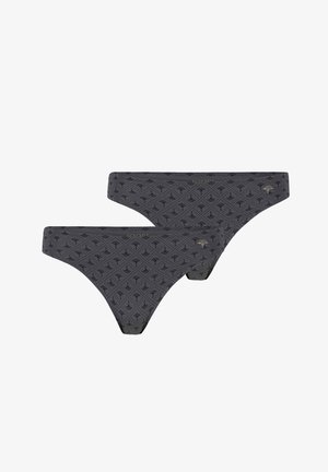 Culotte string gris foncé avec un imprimé subtil de petites formes géométriques et un logo sur la ceinture. Tissu doux avec une texture lisse.