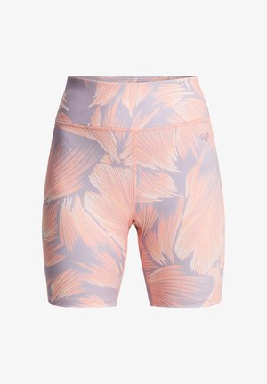 Hochtaillierte Sportshorts aus elastischem Stoff, mit einem lilafarbenen Grundton und großen Pfirsichblättern-Mustern sowie Flachnähte.
