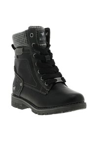 Botte en cuir synthétique noir avec un col en tissu texturé gris, design à lacets et coutures contrastées. Présente une semelle en caoutchouc et un détail de logo.