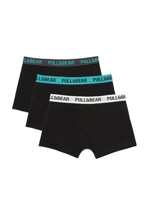 Trois boxers noirs pour hommes avec ceintures élastiques en noir, bleu sarcelle et blanc, chacun avec le logo "PULL&BEAR".