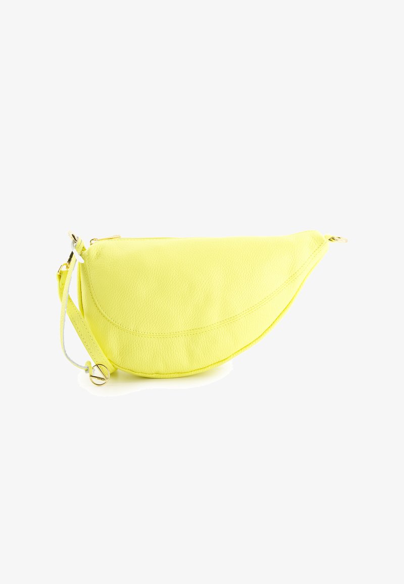 Yellow leather clutch bag with a curved shape, top zipper closure, and an adjustable strap. Textured surface with minimal stitching details.