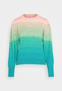 Pletený svetr s gradientním designem od jemně růžové po tyrkysovou. Hribková textura, dlouhé rukávy a kulatý výstřih.