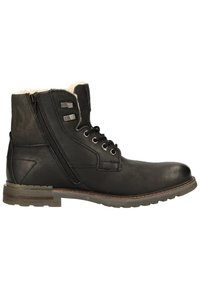 Bottine en cuir noir avec fermeture éclair latérale, lacets à l'avant, œillets métalliques et doublure en fourrure autour du col, sur une semelle robuste.