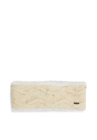 Strikket pandebånd i off-white med tekstureret kabelmønster. Fleeceforing i den øverste kant. Lille metal logoetikette på den ene side.