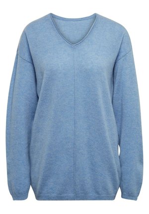 Blauwe V-hals trui van een zachte brei-stof. Heeft een dropped shoulders ontwerp, lange mouwen en geribde manchetten en onderkant. Eenvoudig, niet versierd ontwerp.