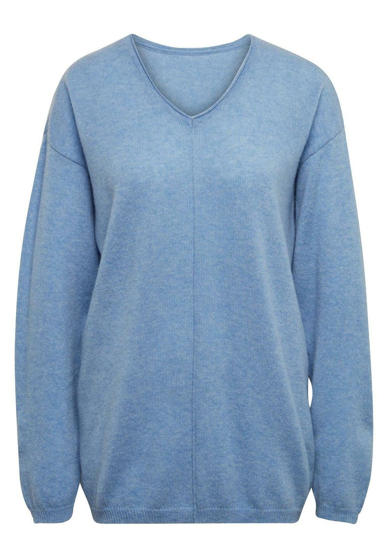 Blauer V-Ausschnitt-Pullover aus weichem Strickstoff. Verfügt über tief fallende Schultern, lange Ärmel sowie gerippte Bündchen und Saum. Schlichtes, unauffälliges Design.