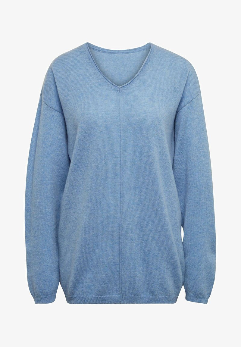 Blauer V-Ausschnitt-Pullover aus weichem Strickstoff. Verfügt über tief fallende Schultern, lange Ärmel sowie gerippte Bündchen und Saum. Schlichtes, unauffälliges Design.