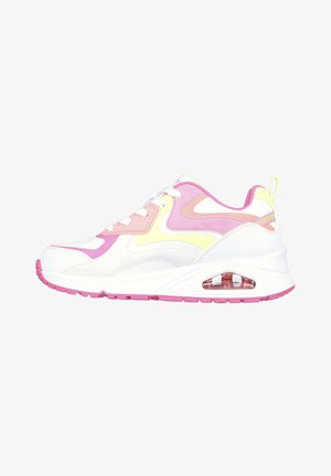 White sneaker with pink and yellow accents, featuring a layered design, textured panels, a cushioned sole, and visible air cushioning unit.