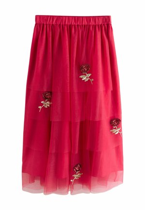 Felrode gelaagde rok met een elastische tailleband, versierd met vier met pailletten versierde rozenapplicaties verspreid over de stof.